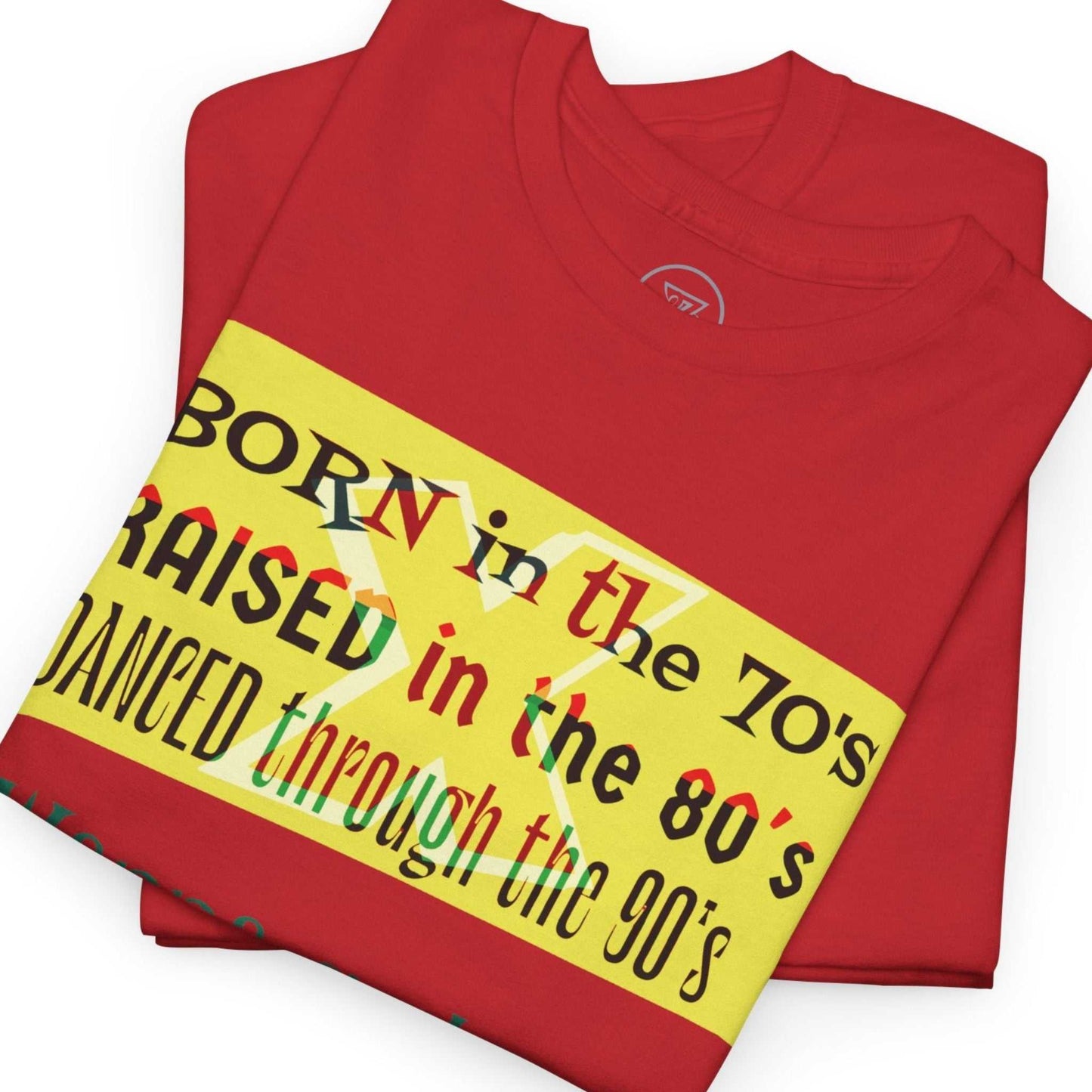 High resolution close up of the zero AI graphic design on the red milestone birthday shirt.
