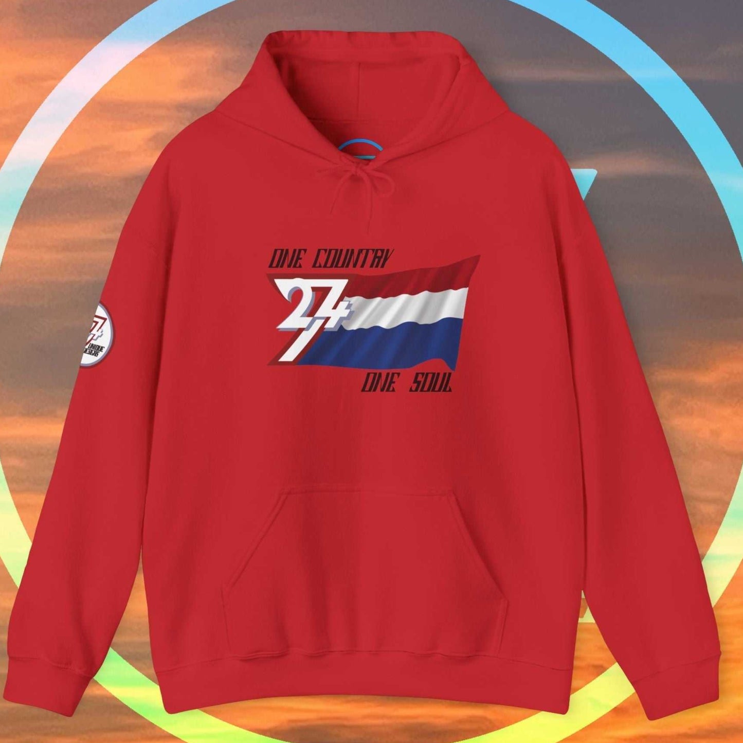 A full-view Red Netherlands pride hoodie featuring our exclusive "One Country One Soul" refined artist print.
