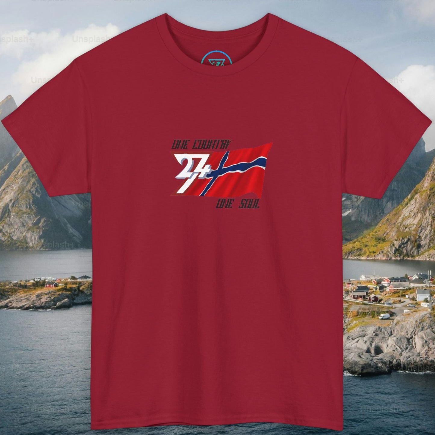 Red Norway graphic t-shirt with a unique design of a Norway flag