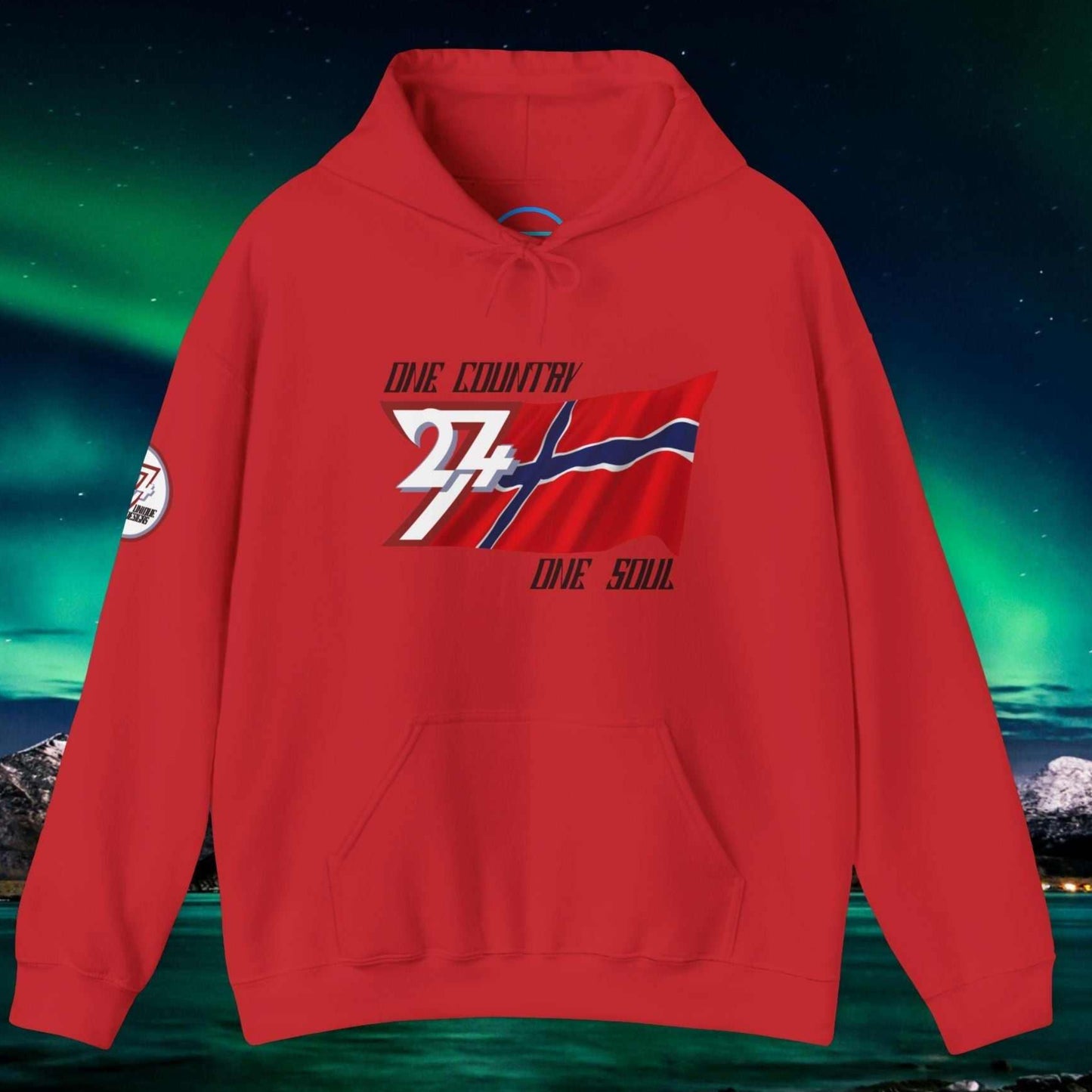 A full-view Red Norway pride hoodie featuring our exclusive "One Country One Soul" refined artist print.