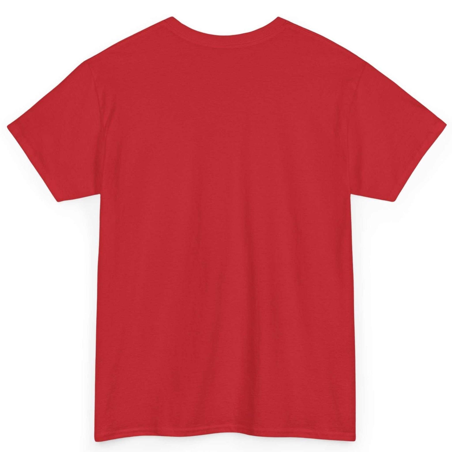 Back view of the red One Against Many art shirt displaying the seamless tubular heavy cotton construction, displayed on a clean background.