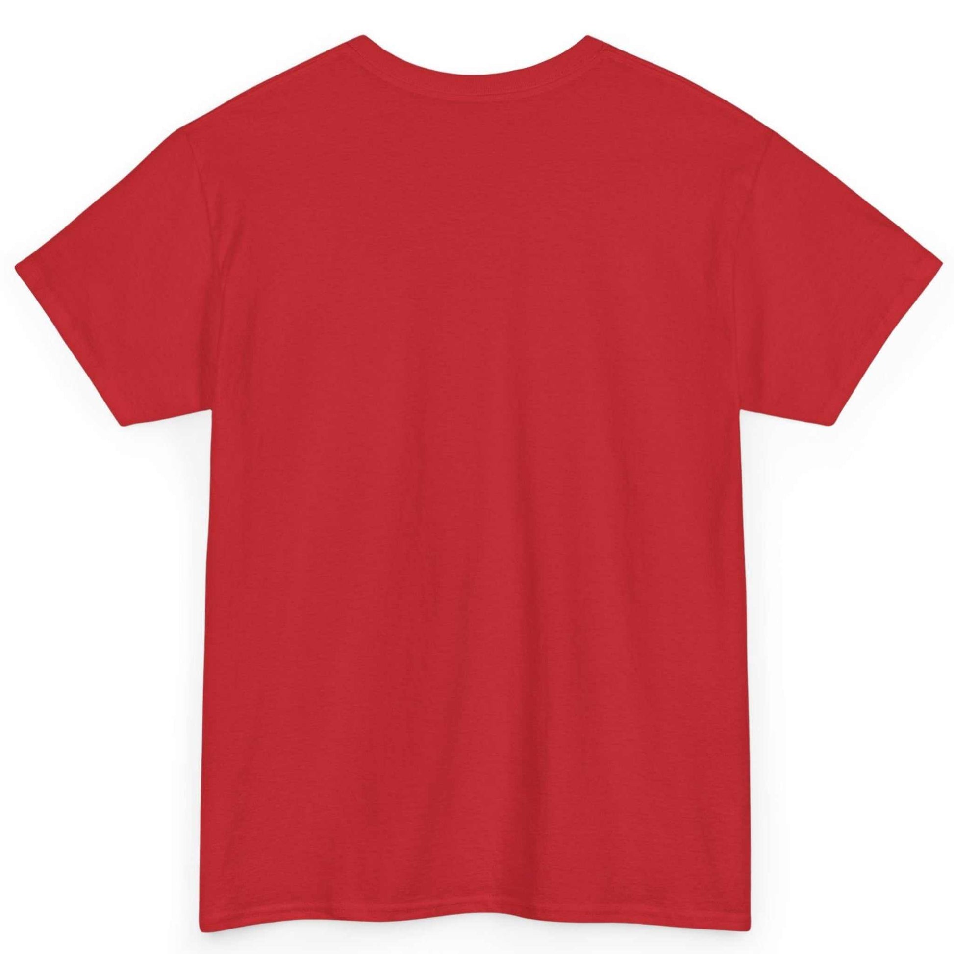 Back view of the red One Against Many art shirt displaying the seamless tubular heavy cotton construction, displayed on a clean background.