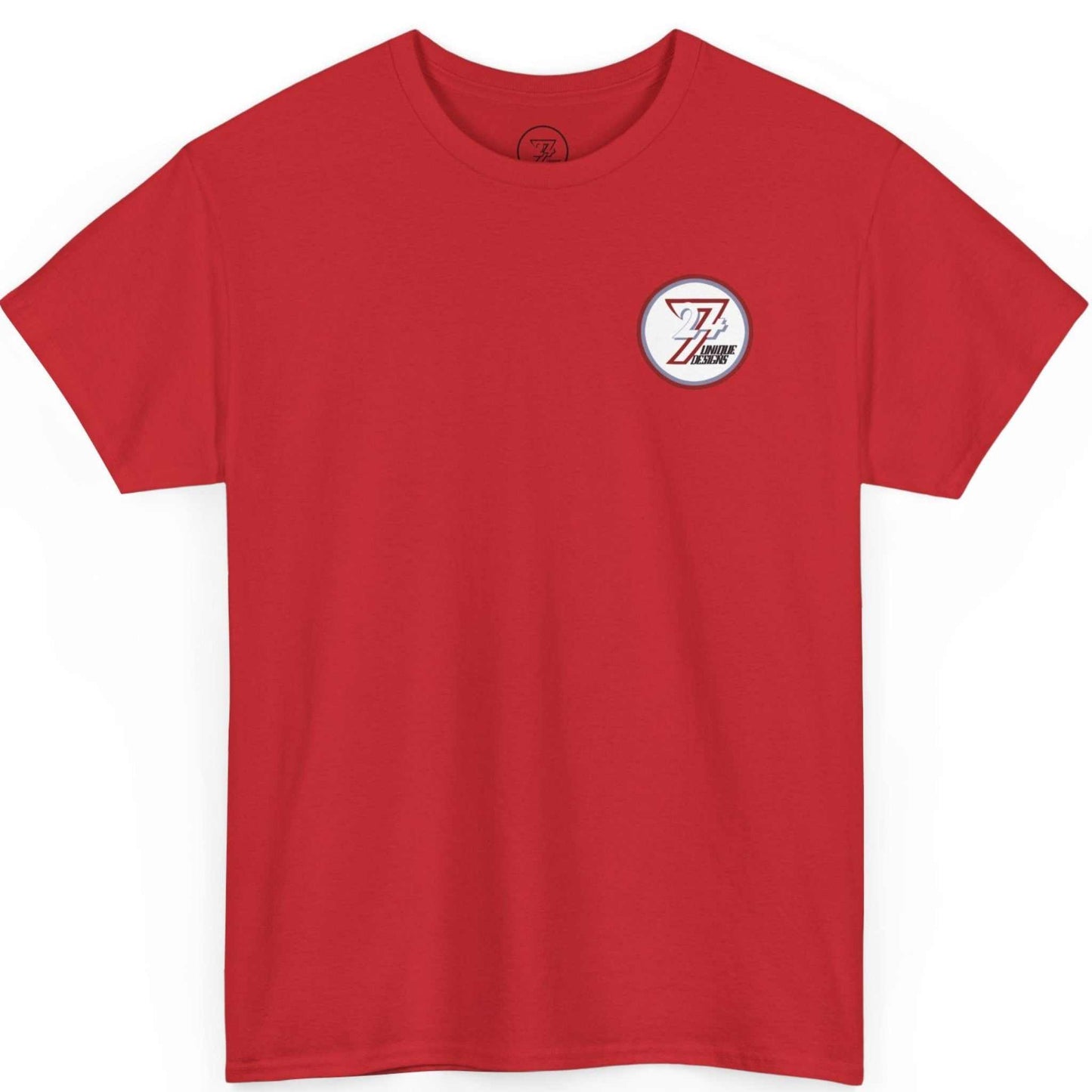 Front view of a bold red original superhero team graphic tee displaying the left-chest circular logo.