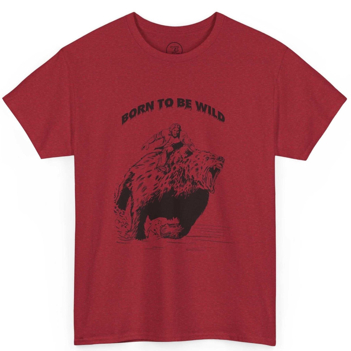 Flat lay of the red outdoor graphic t-shirt highlighting the clean black outline typography.