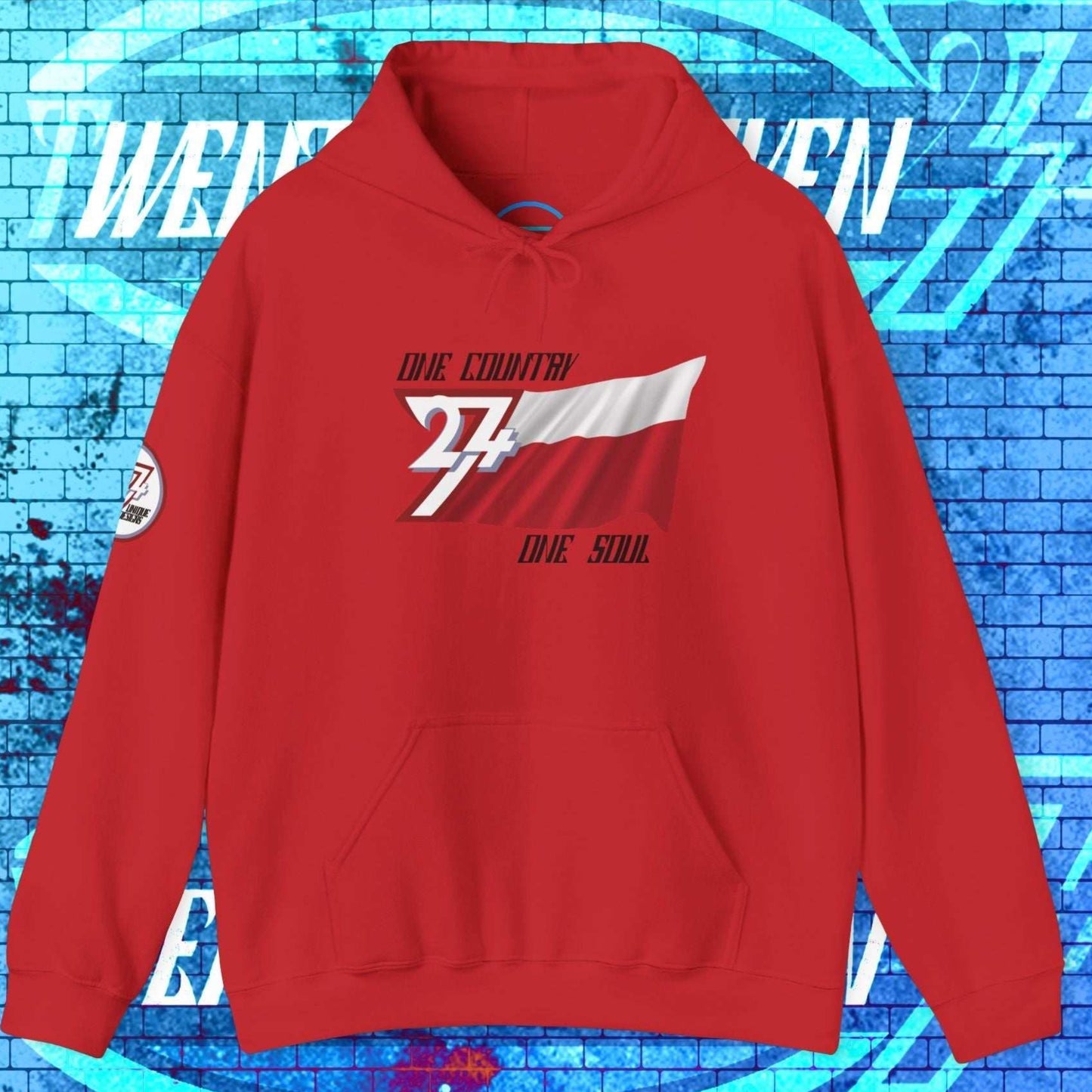 A full-view Red Poland pride hoodie featuring our exclusive "One Country One Soul" refined artist print.