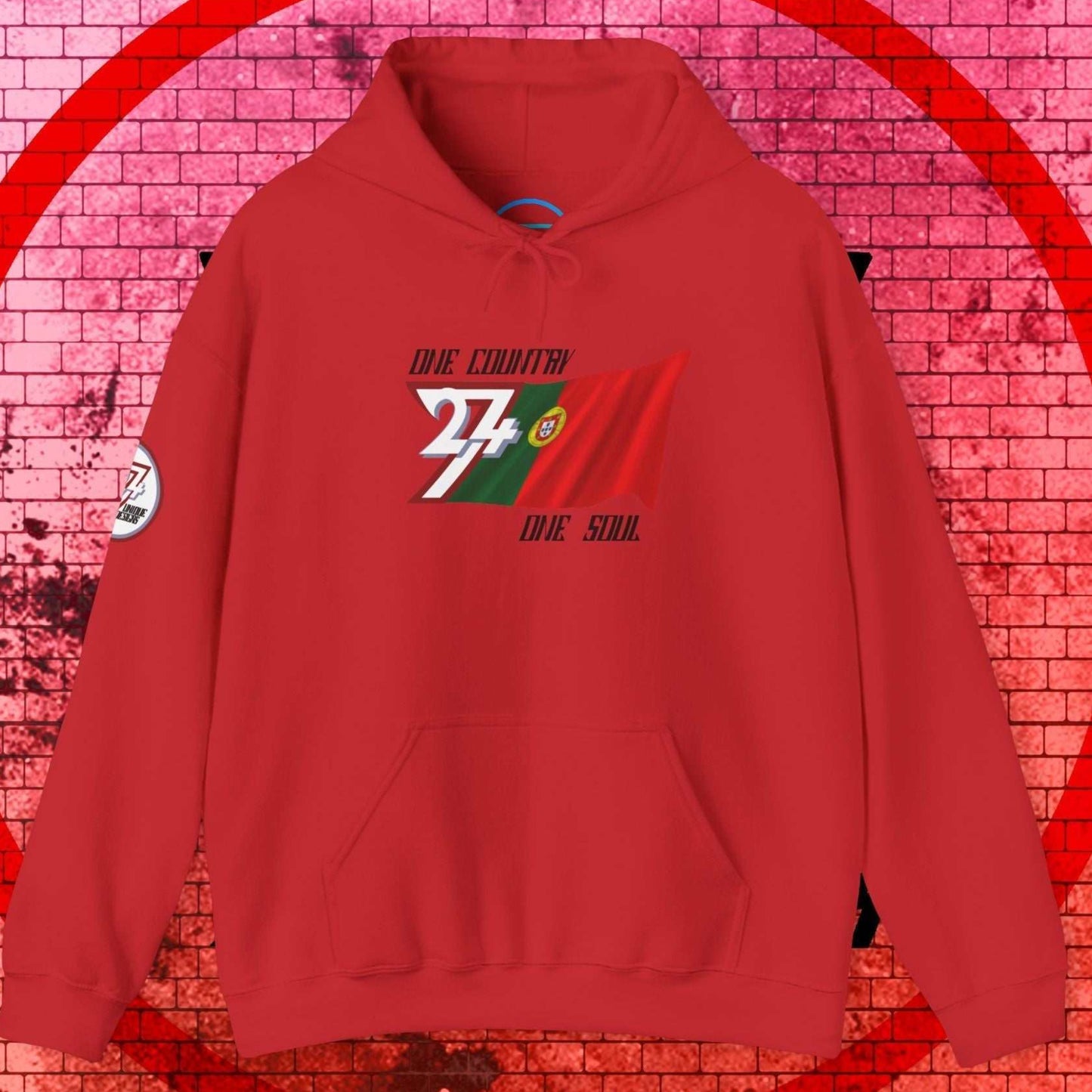 A full-view Red Portugal pride hoodie featuring our exclusive "One Country One Soul" refined artist print.