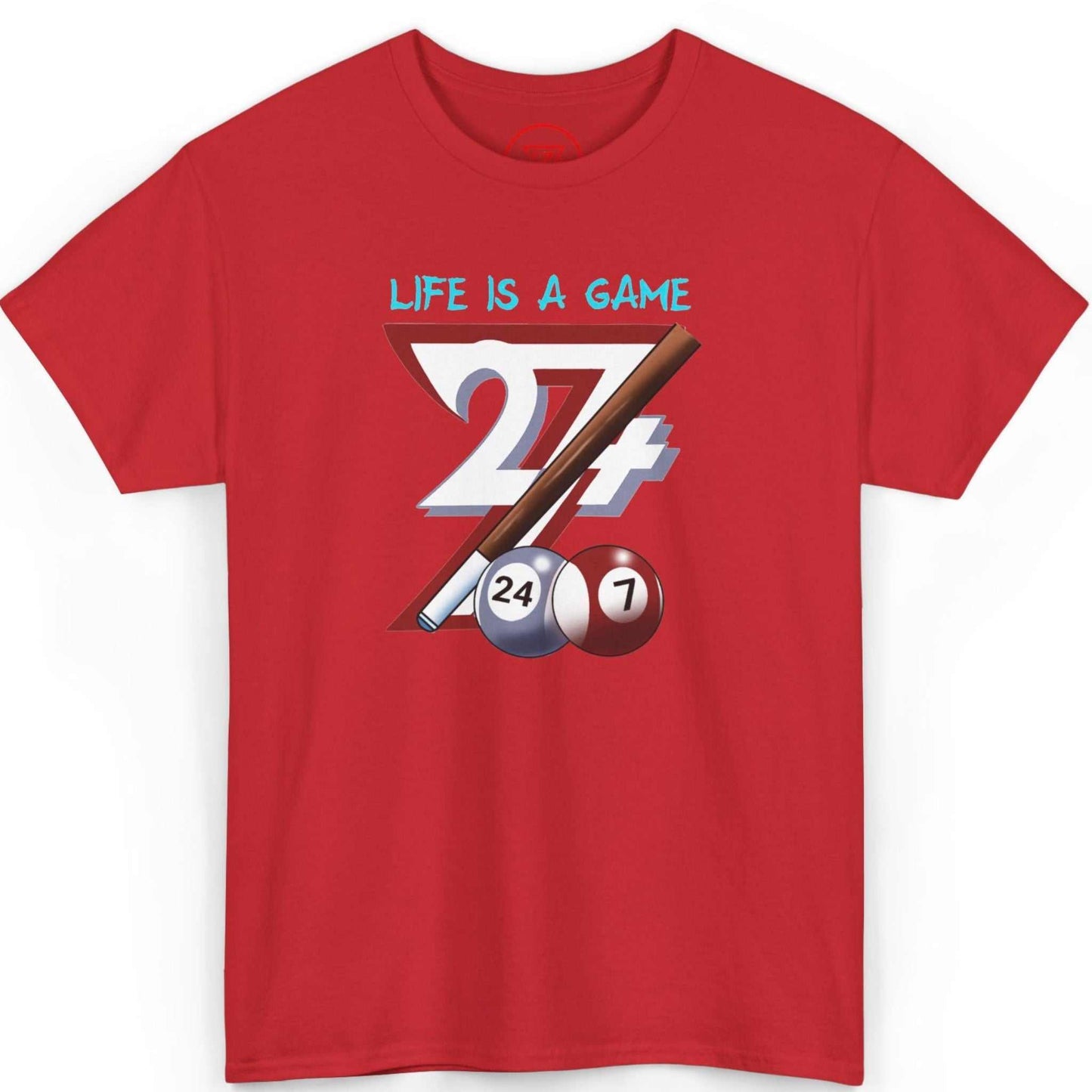 Front view of a red hand-drawn billiard tee showcasing the energetic sketch-style artwork, displayed on a clean background.