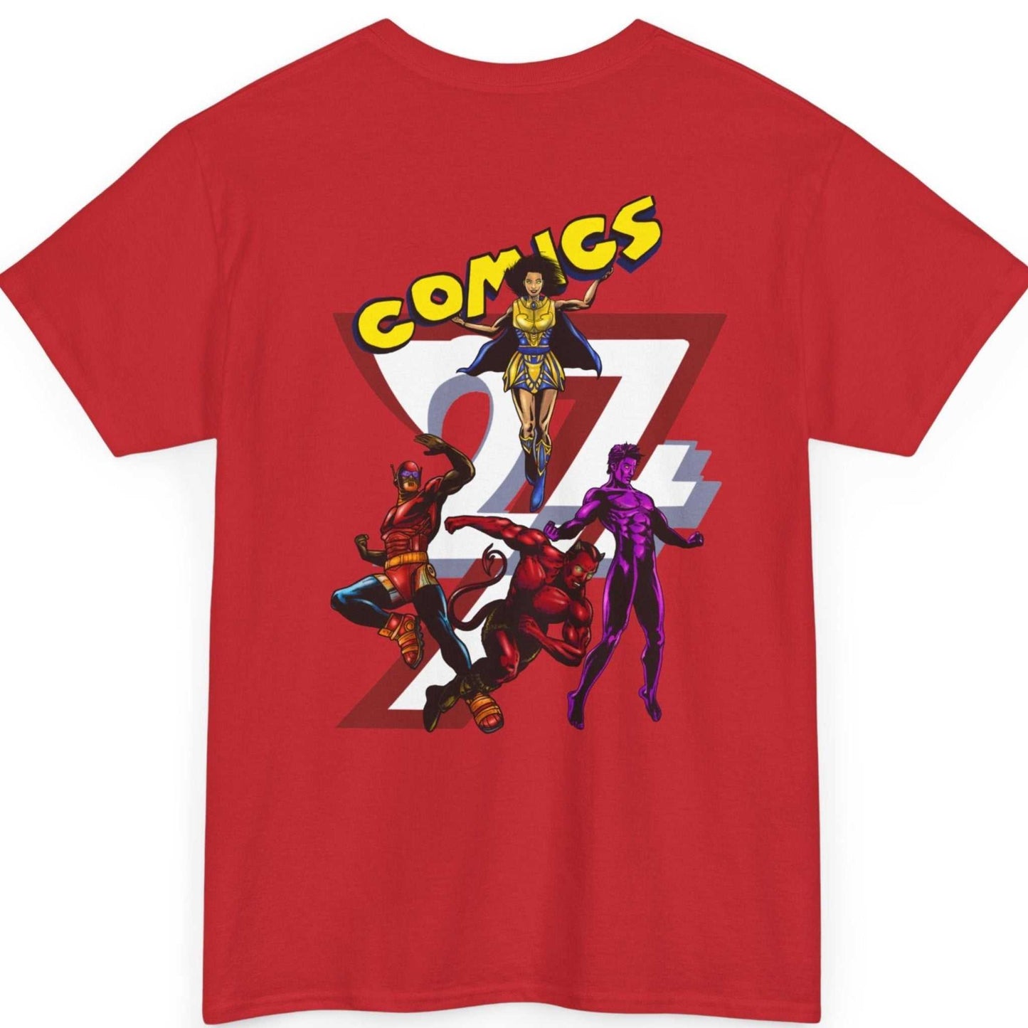 Back view of a bold red retro comic art t-shirt featuring the high-contrast superhero team illustration.