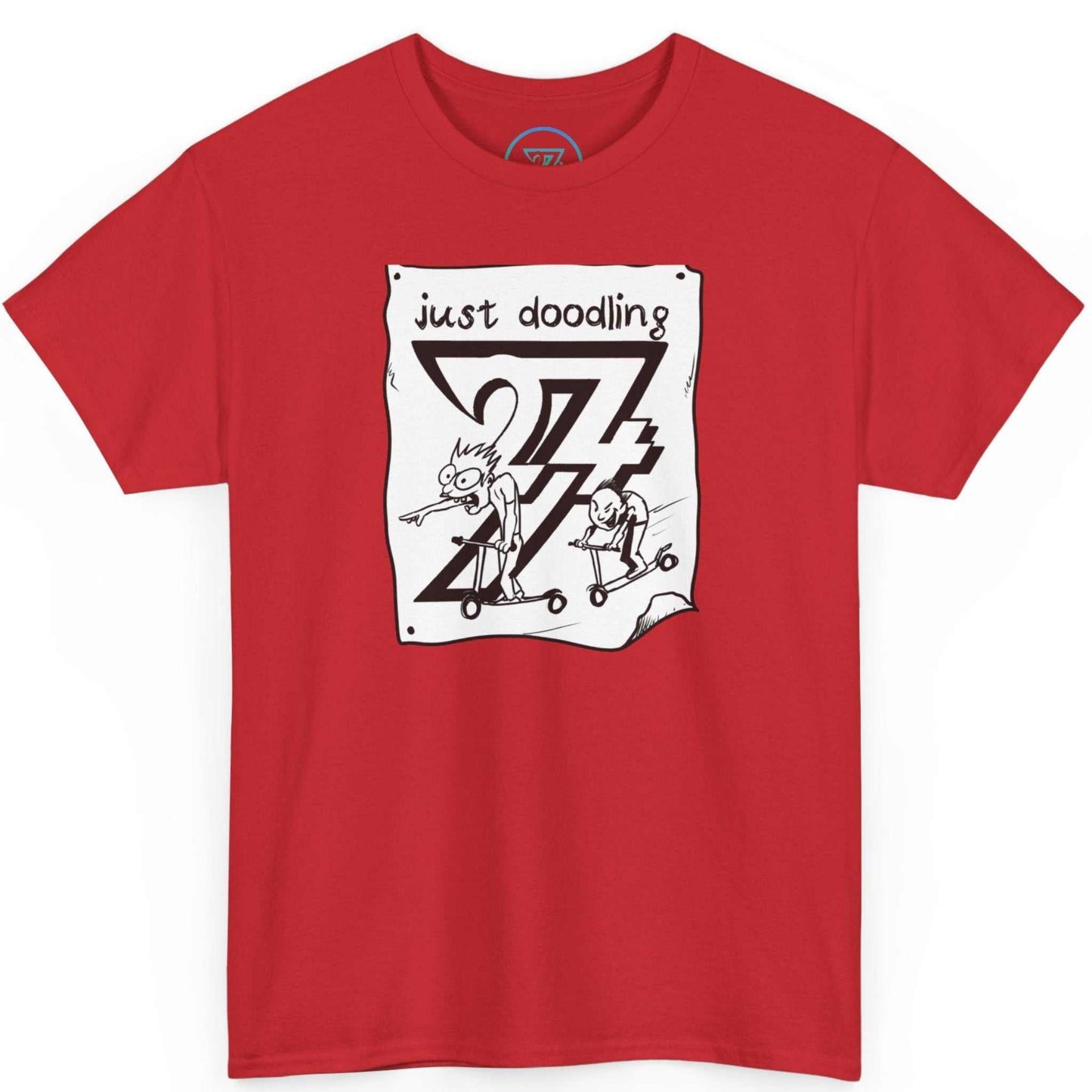 Bold red retro sketch streetwear top highlighting the original cartoon art, laid flat.