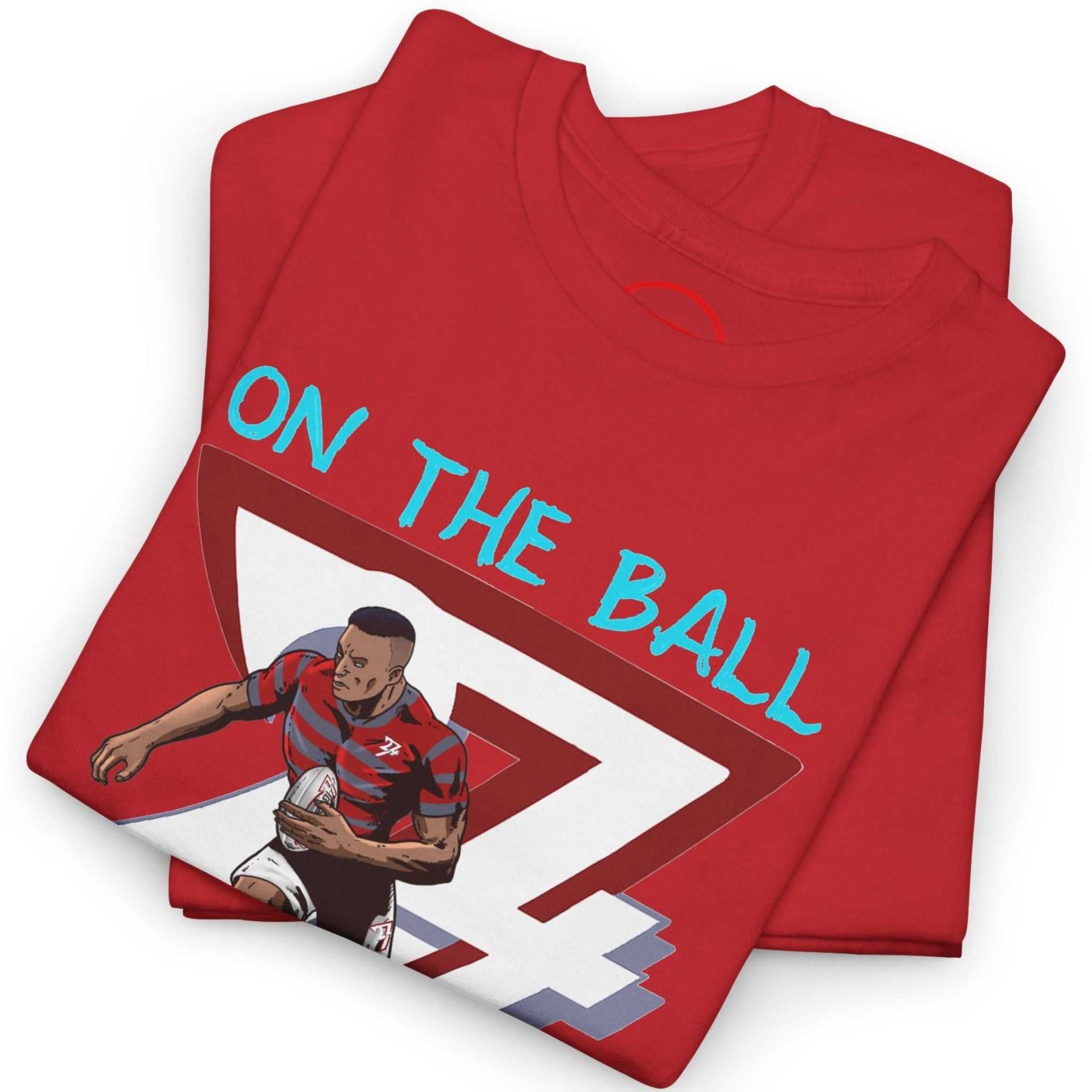 Neatly folded red rugby player gift tee highlighting the crisp comic-style front print and ribbed collar, laid flat.