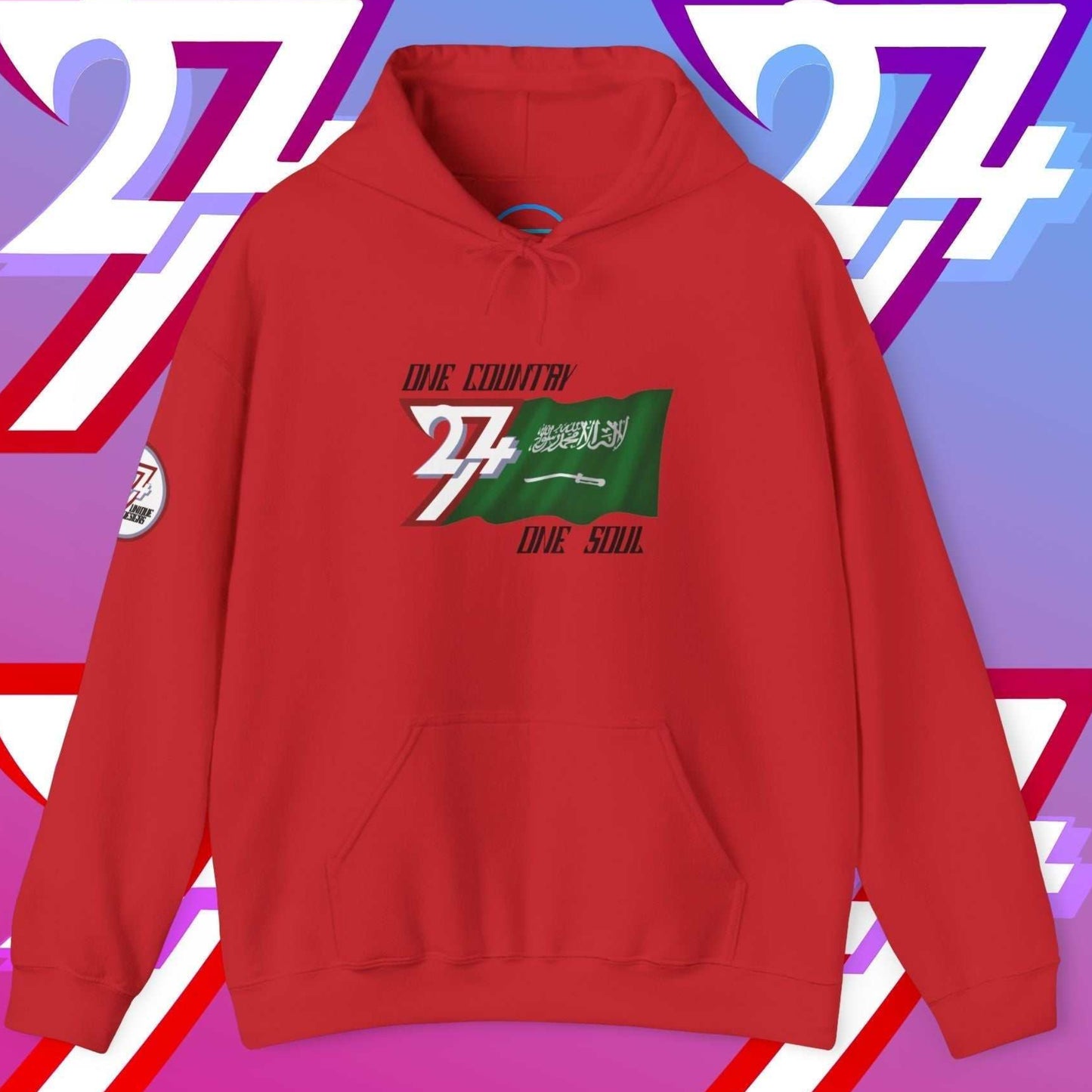A full-view Red Saudi Arabia pride hoodie featuring our exclusive "One Country One Soul" refined artist print.