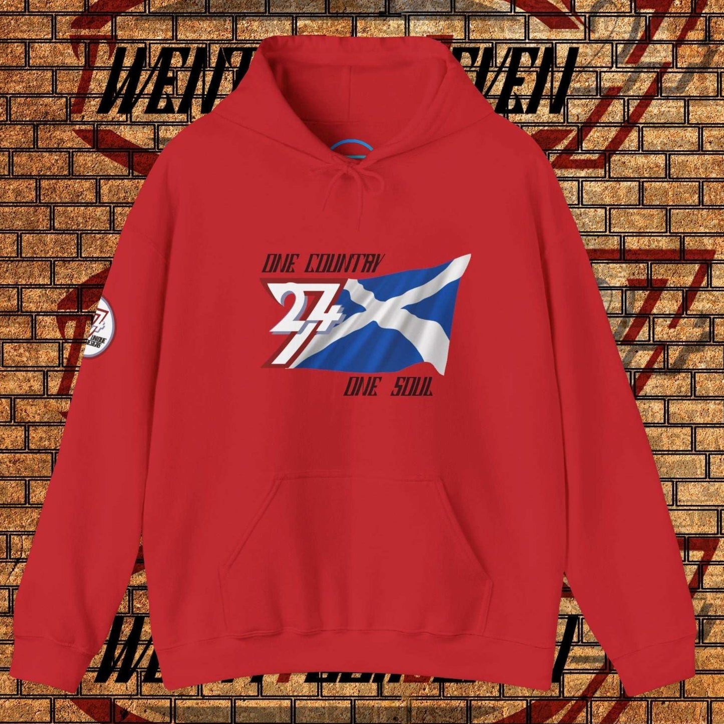 A full-view Red Scotland pride hoodie featuring our exclusive "One Country One Soul" refined artist print.