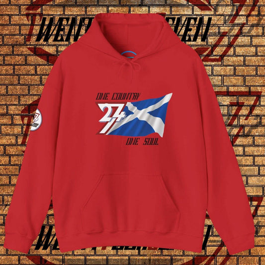 A full-view Red Scotland pride hoodie featuring our exclusive "One Country One Soul" refined artist print.