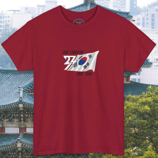 Red South Korea Flag Graphic Tee with hand-drawn Taegeukgi design and unisex fit