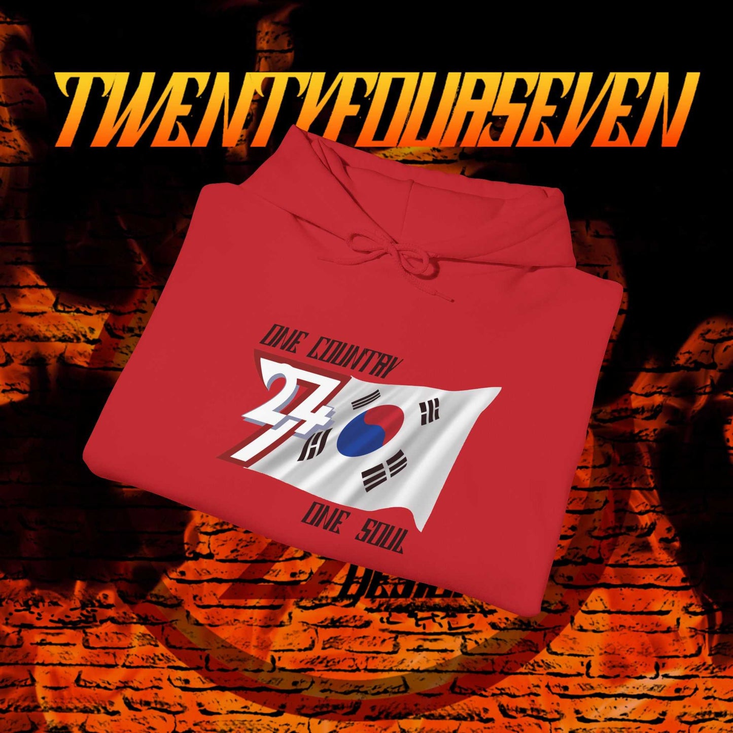 A professional display of the South Korea flag hoodie in Red, folded to showcase the refined hand-drawn graphic and 8oz fabric weight.