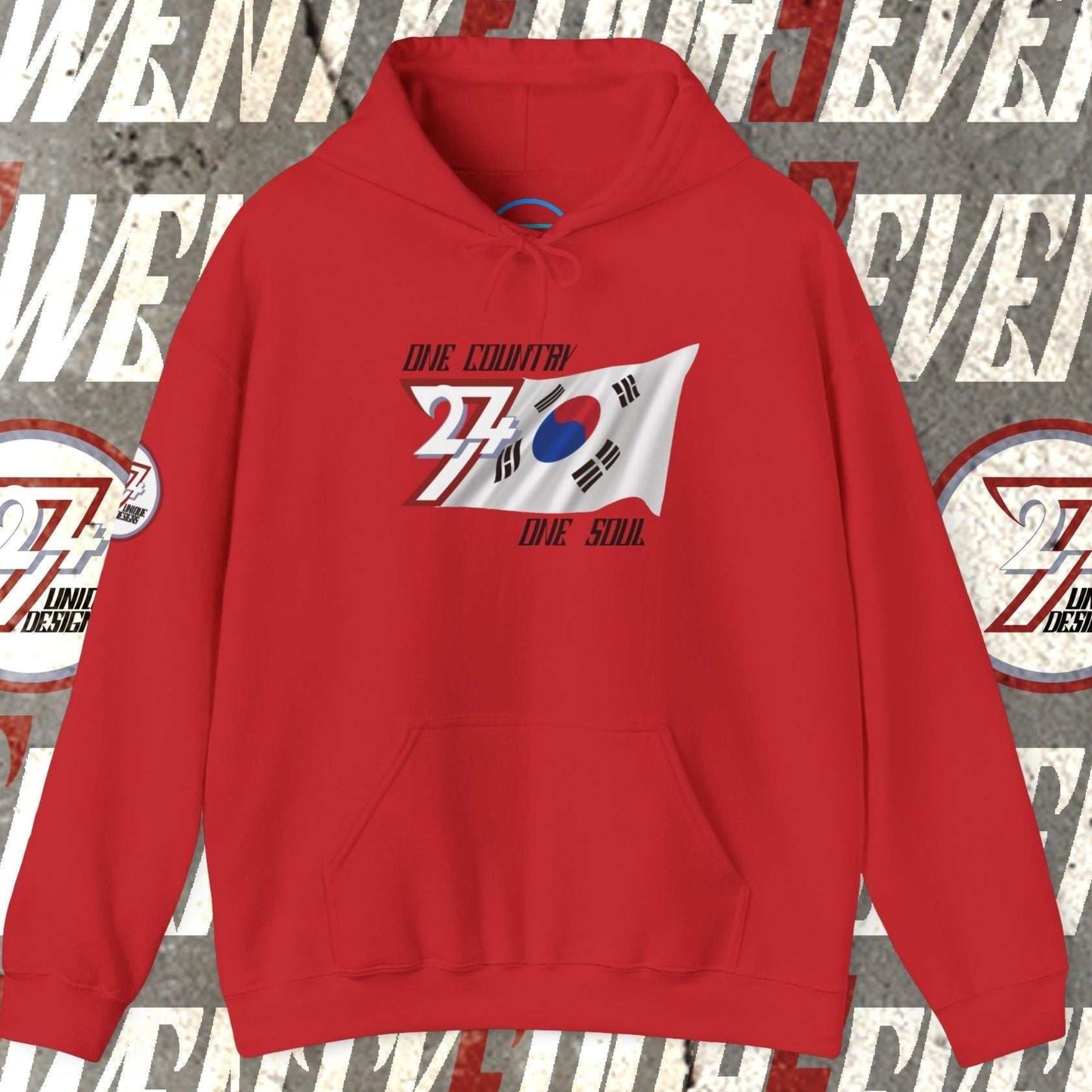 A full-view Red South Korea pride hoodie featuring our exclusive "One Country One Soul" refined artist print.