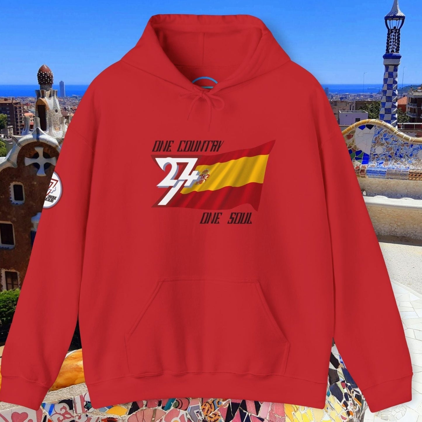 A full-view Red Spain pride hoodie featuring our exclusive "One Country One Soul" refined artist print.
