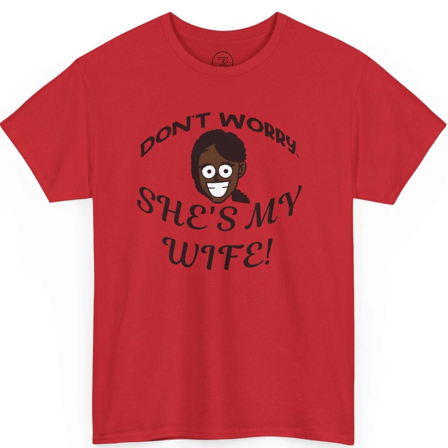 Flat lay of the red stadium joke shirt highlighting the human-drawn custom avatar.