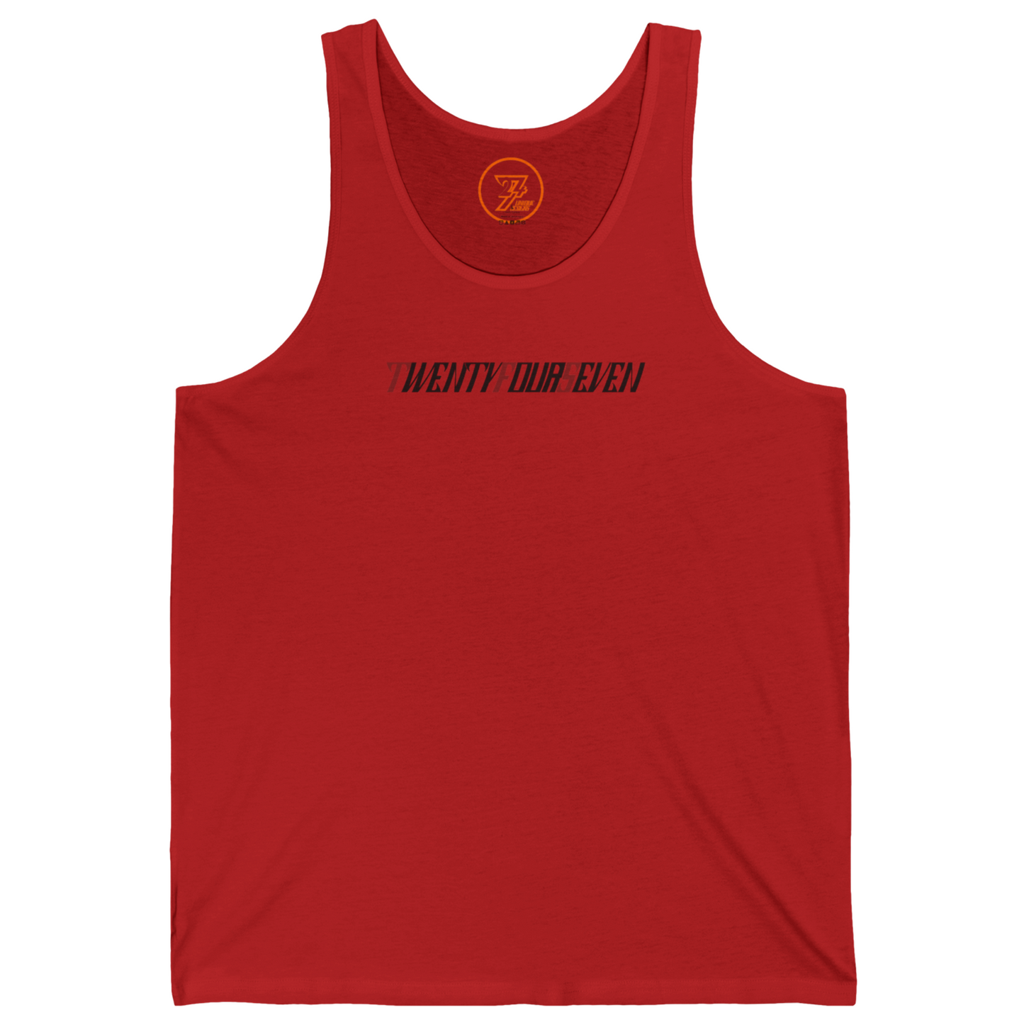 Bright red stylish everyday tank top showcasing bold minimalist chest typography.