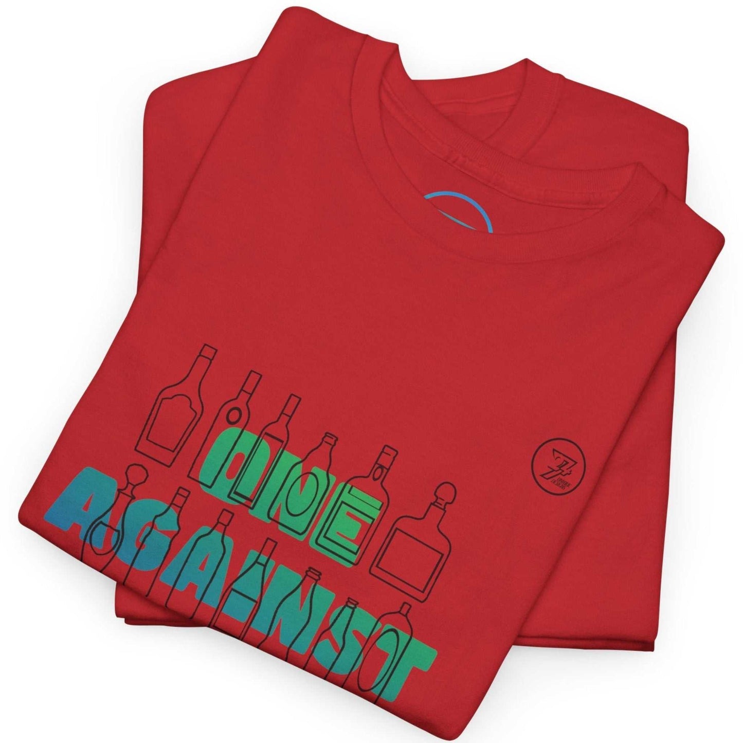 Neatly folded red summer party tee showing the premium heavy cotton fabric and a glimpse of the blue-green gradient text, laid flat.