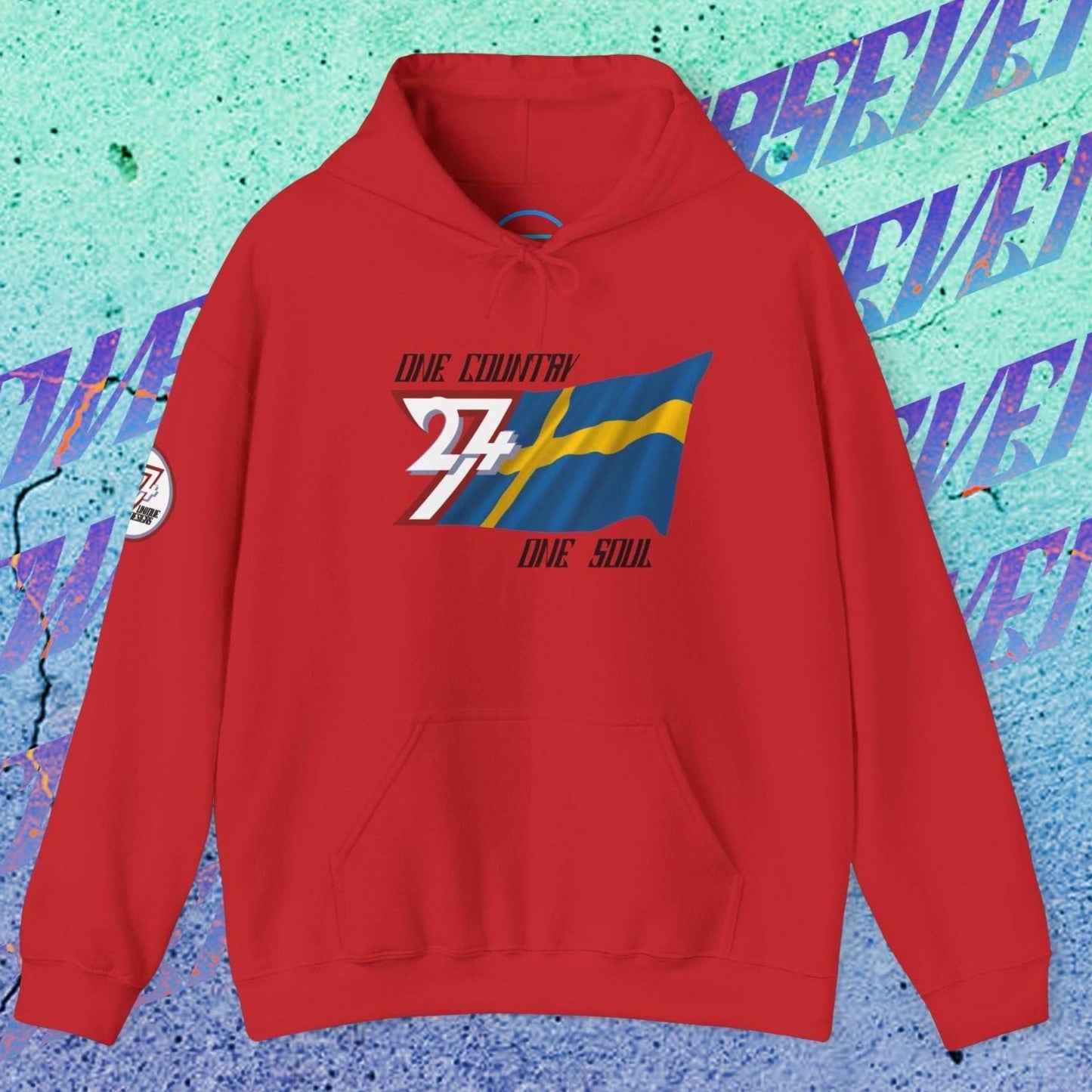 A full-view Red Sweden pride hoodie featuring our exclusive "One Country One Soul" refined artist print.