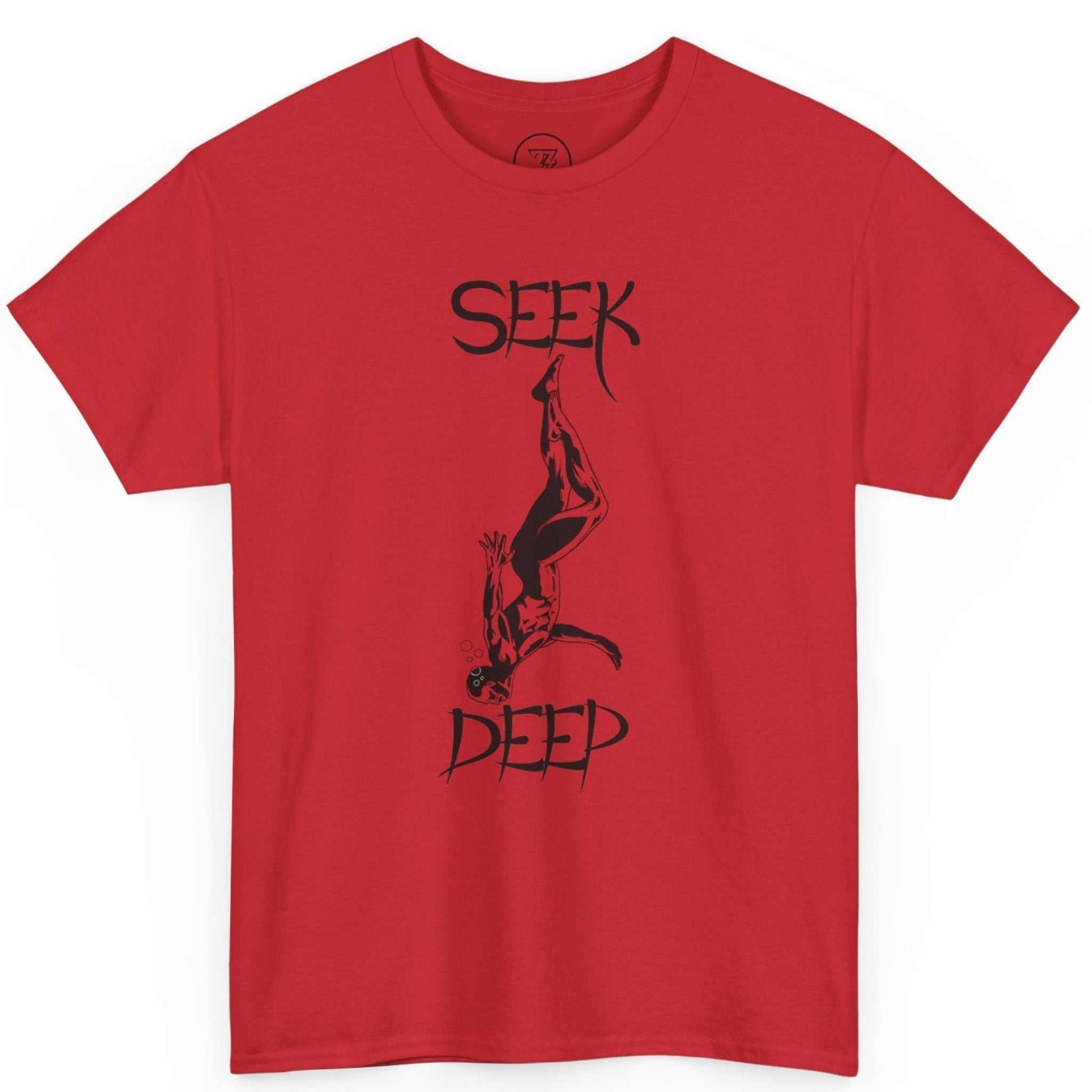 Bold red swimmer t-shirt highlighting the striking black diver art, shown on a clean background.