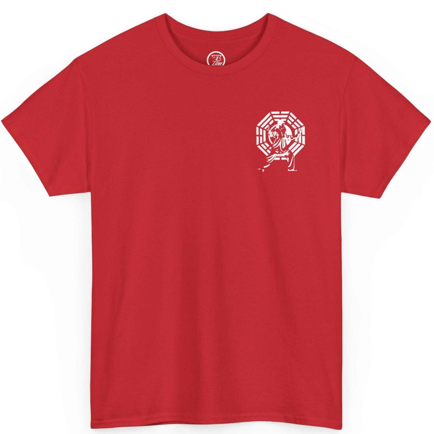 Front view of a vibrant red Tai Chi t-shirt displaying the traditional Bagua and practitioner logo, shown on a clean background.