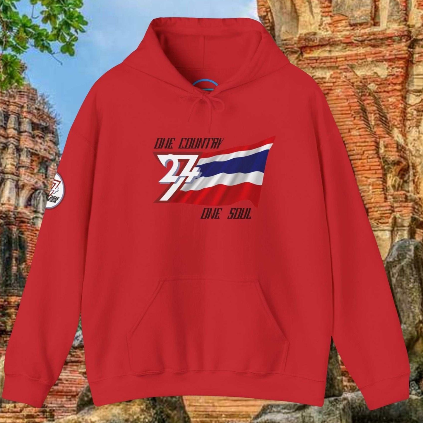 A full-view Red Thailand pride hoodie featuring our exclusive "One Country One Soul" refined artist print.