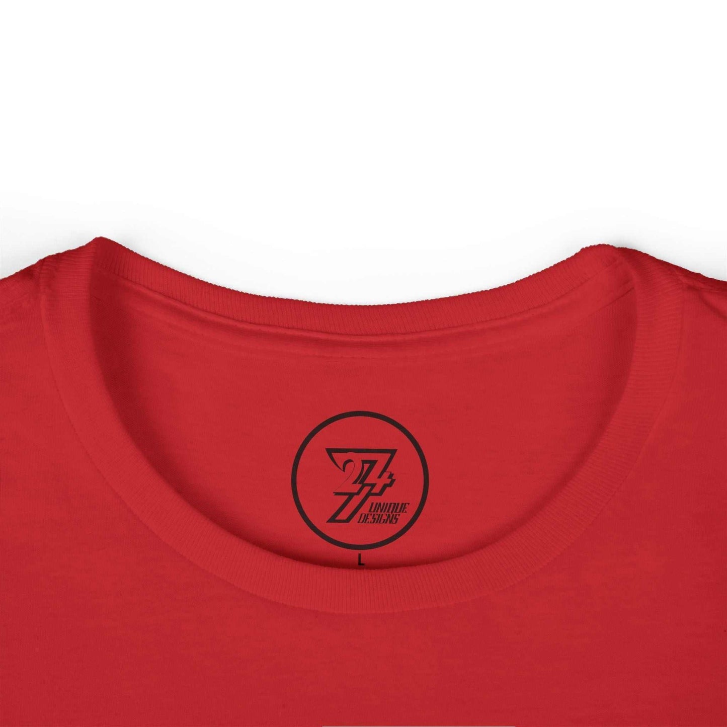 Close-up view of the red t-shirt's collar, showing the custom tag-free printed inner neck logo for ultimate comfort.