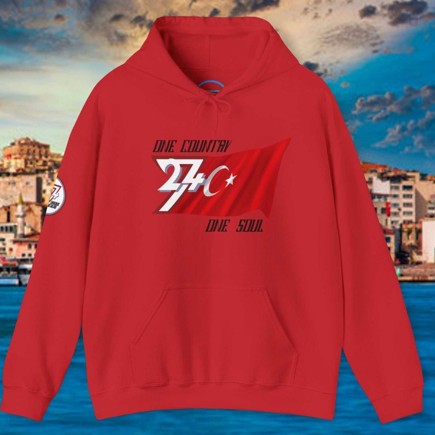 A full-view Red Türkiye pride hoodie featuring our exclusive "One Country One Soul" refined artist print.