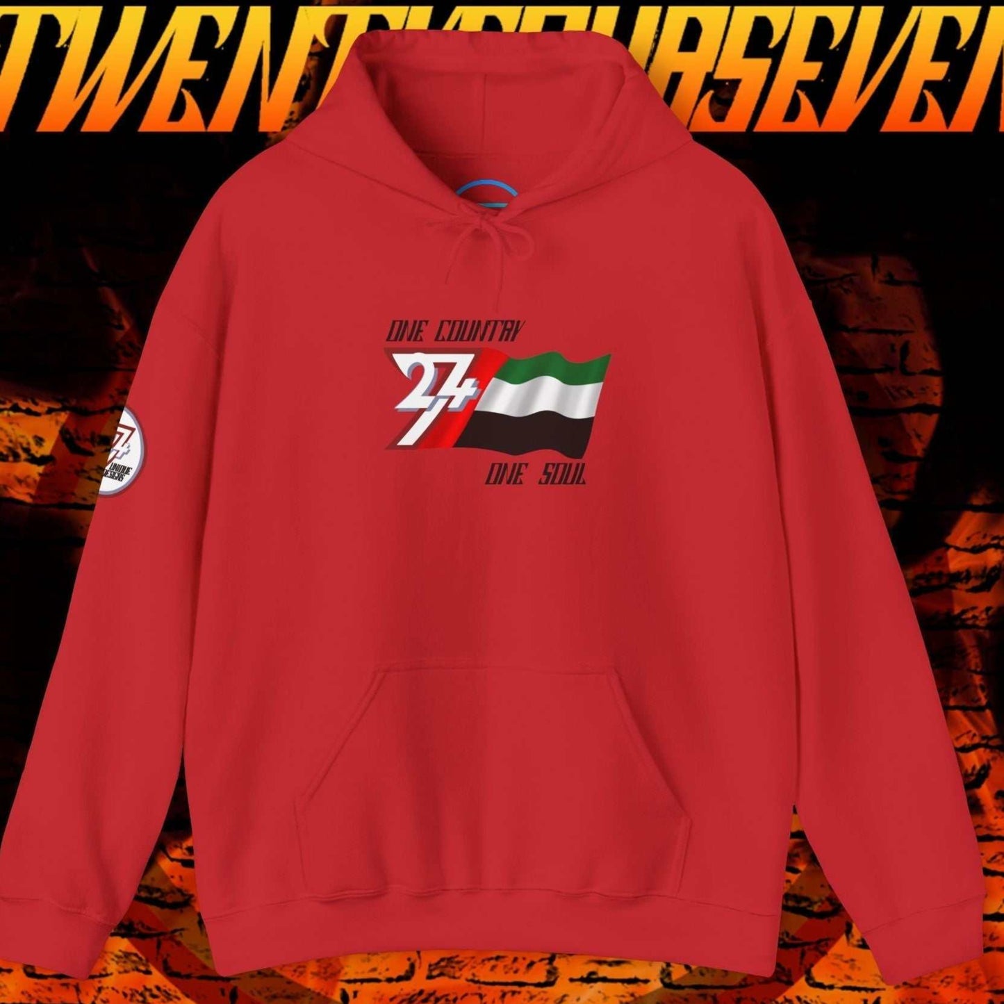 A full-view Red UAE pride hoodie featuring our exclusive "One Country One Soul" refined artist print.