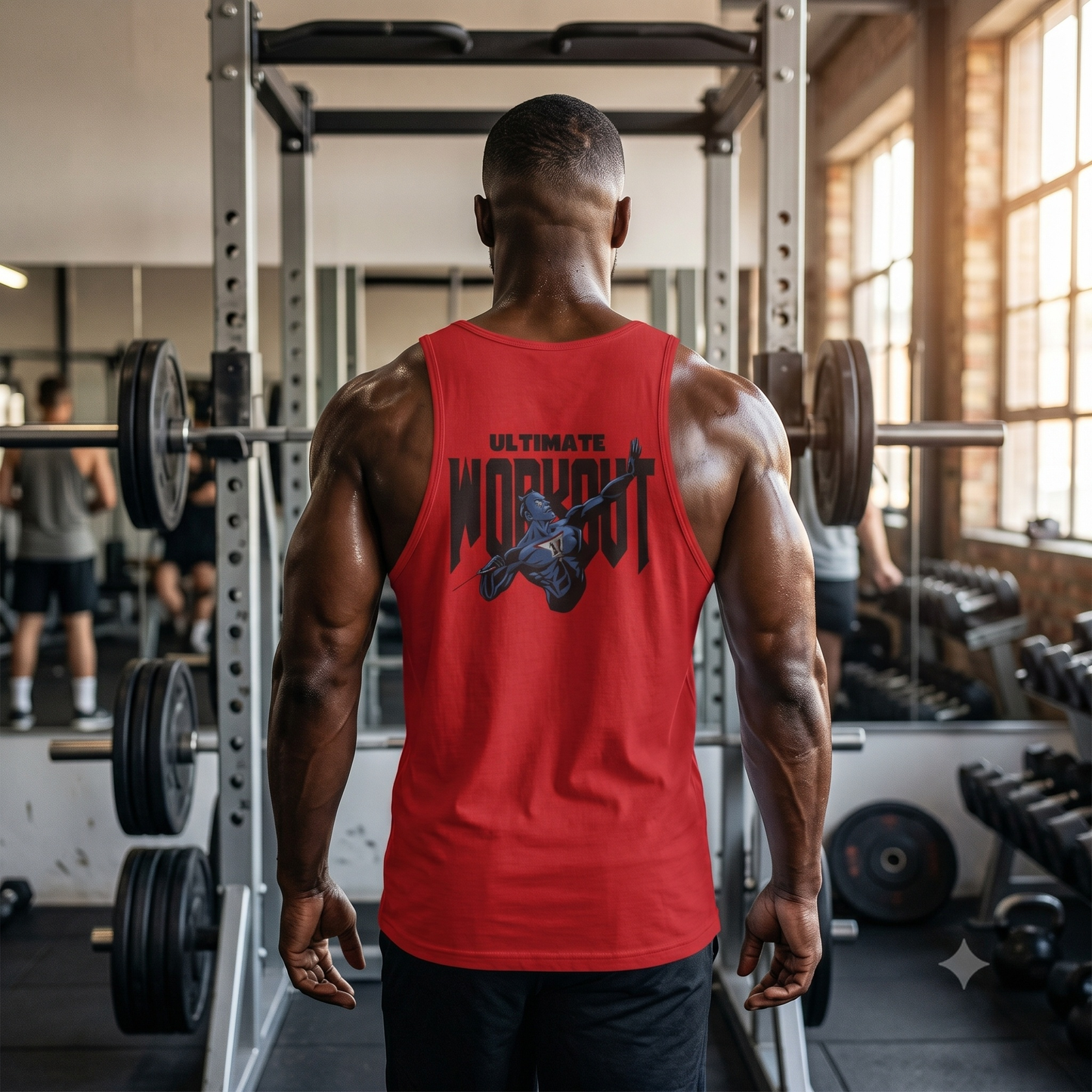 Rear view of a muscular Black male bodybuilder standing in a gym, wearing a red muscle tank top. The back of the shirt features a graphic design with the text 'ULTIMATE WORKOUT' and a blue, comic-style character in a dynamic pose.