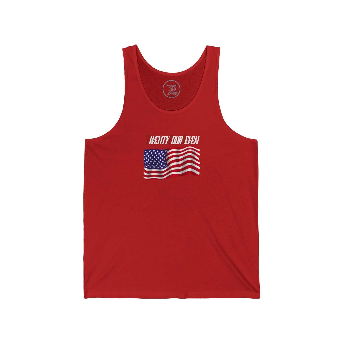 Vibrant red women's summer BBQ tank top with a unique hand-drawn US flag illustration.