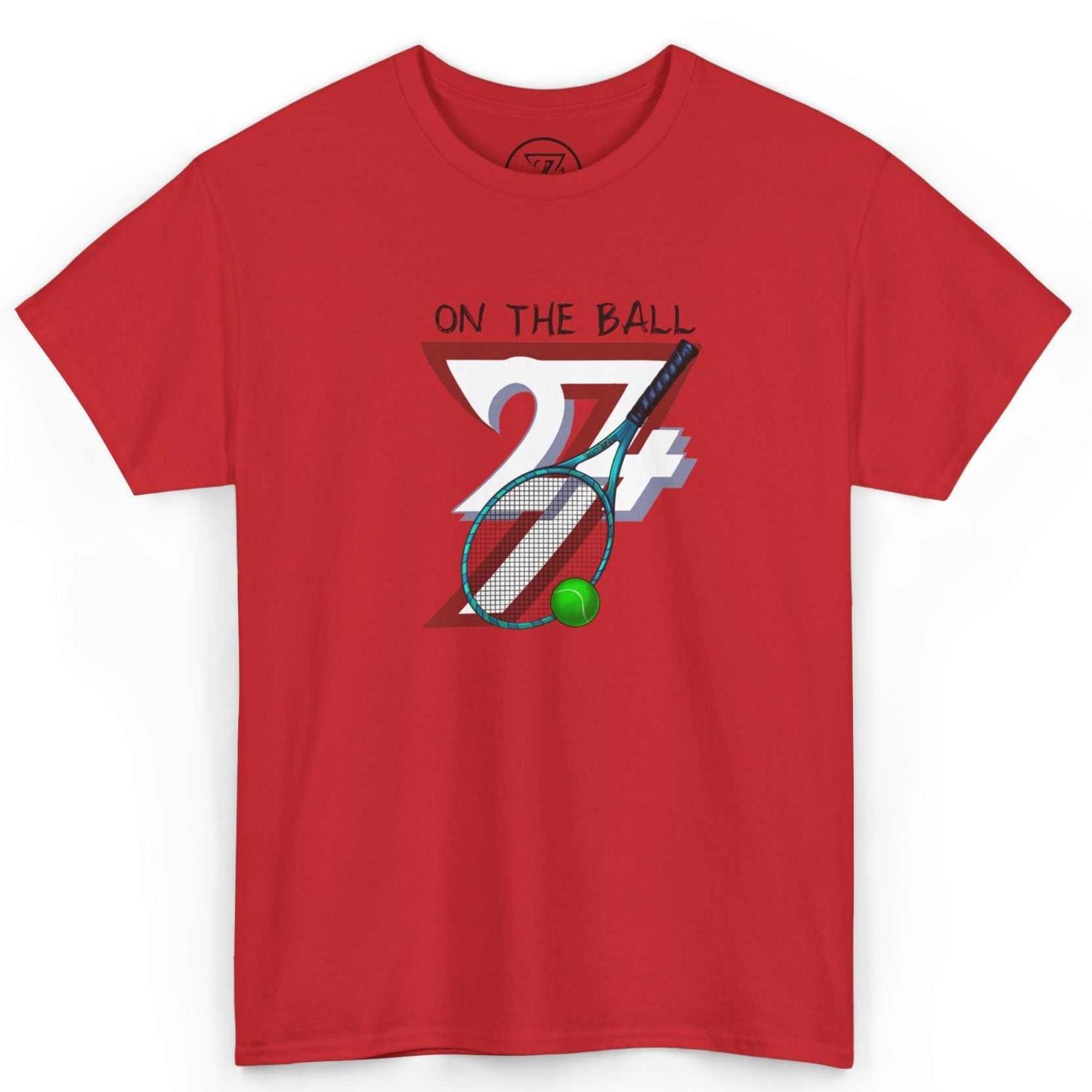 Front view of a bold red unisex tennis shirt featuring the hand-drawn On The Ball motivational graphic, laid flat on a clean background.