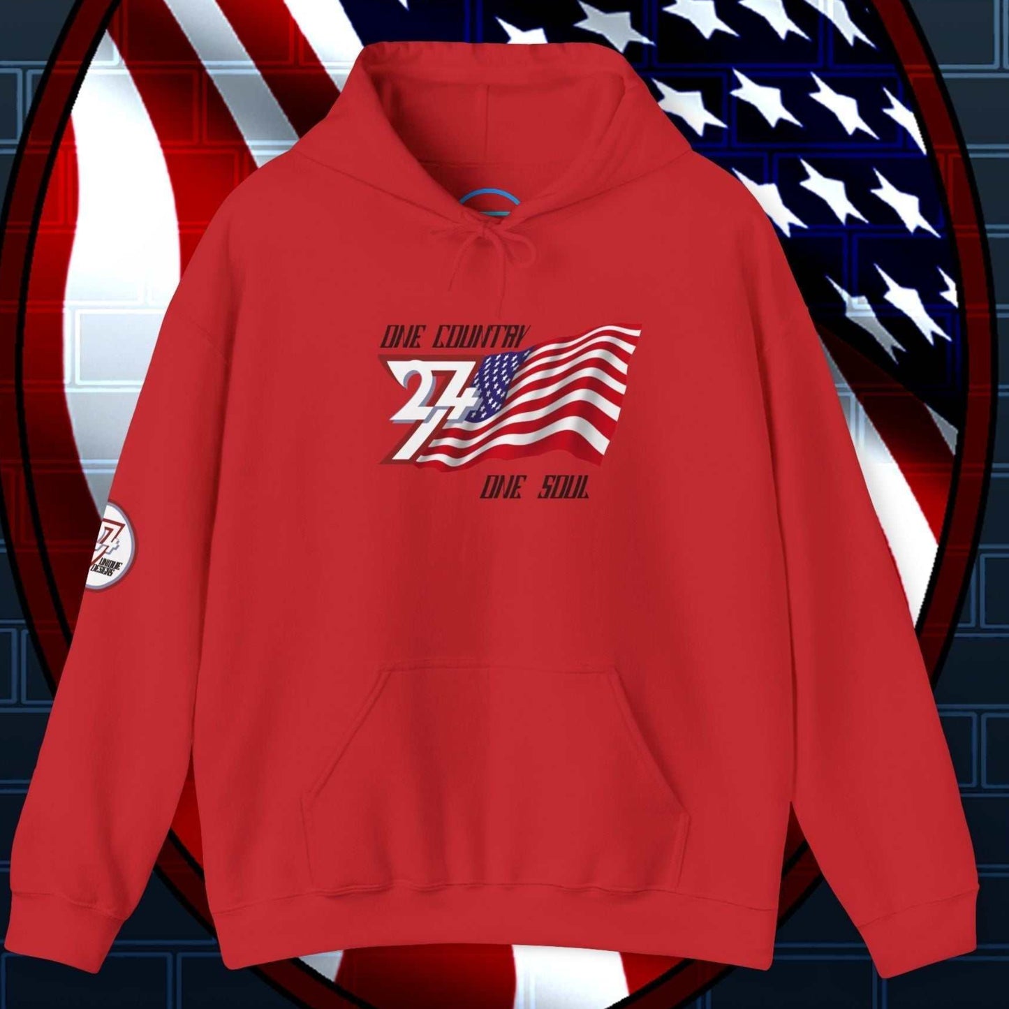A full-view Red USA pride hoodie featuring our exclusive "One Country One Soul" refined artist print.