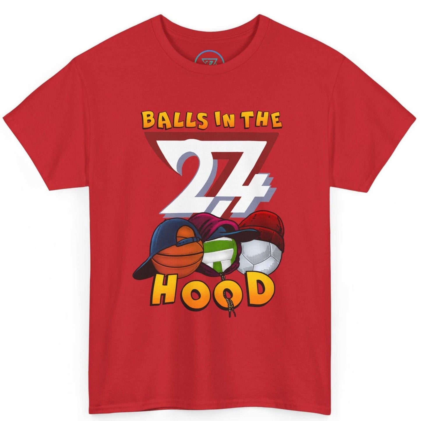 Front view of the red vibrant graphic apparel highlighting the urban headwear sports design.