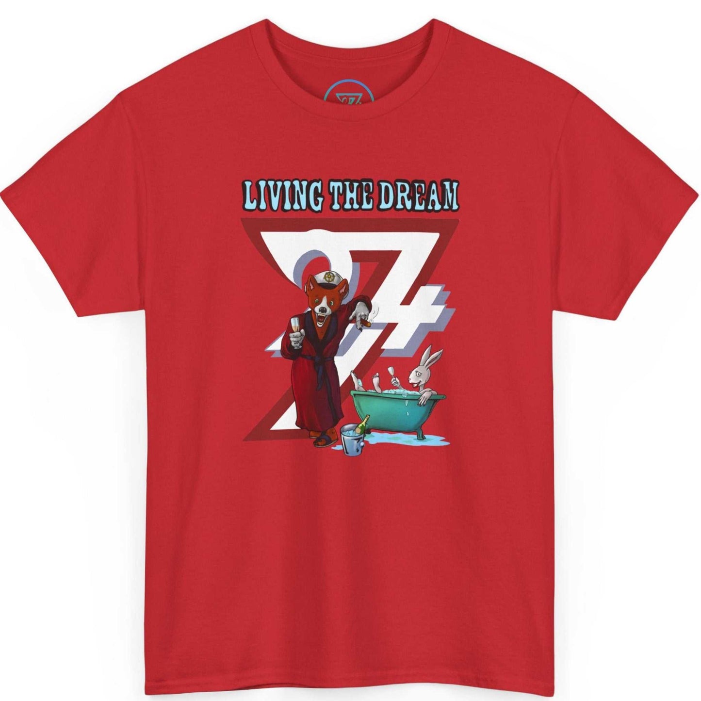 Red vintage bachelor aesthetic shirt showcasing the custom cartoon illustration, laid flat.