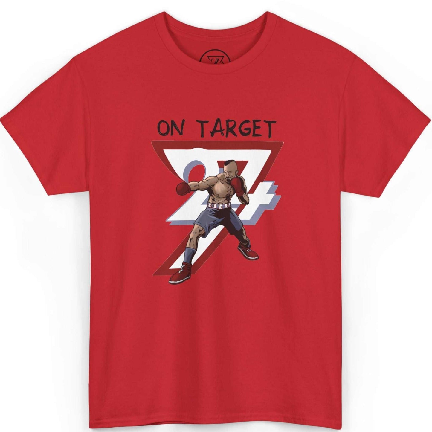 Front view of a bold red vintage boxing graphic tee showcasing the detailed DTG artwork, displayed on a clean background.
