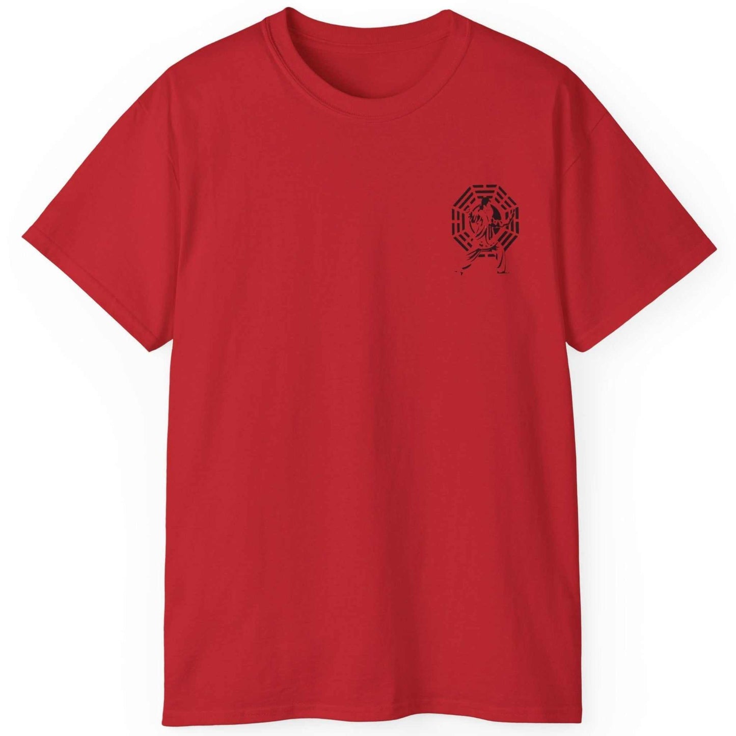 Front view of a vibrant red vintage feel cotton tee showcasing the traditional Tai Chi chest logo, laid flat.