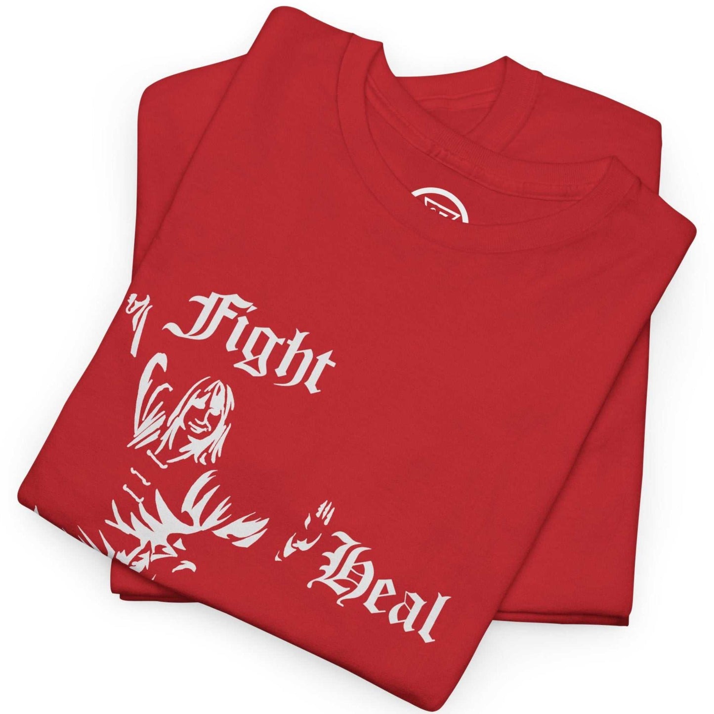 Neatly folded red warrior mindset tee highlighting the crisp white ink graphic and premium cotton fabric, laid flat.