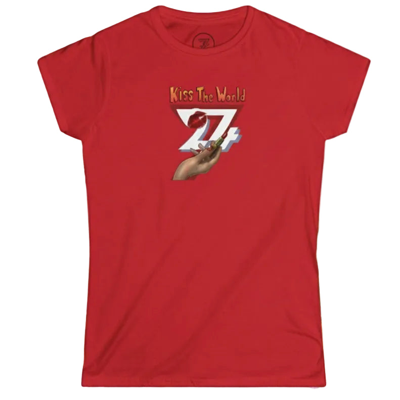 Vibrant red women's makeup artist apparel featuring the exclusive hand holding a lipstick illustration.