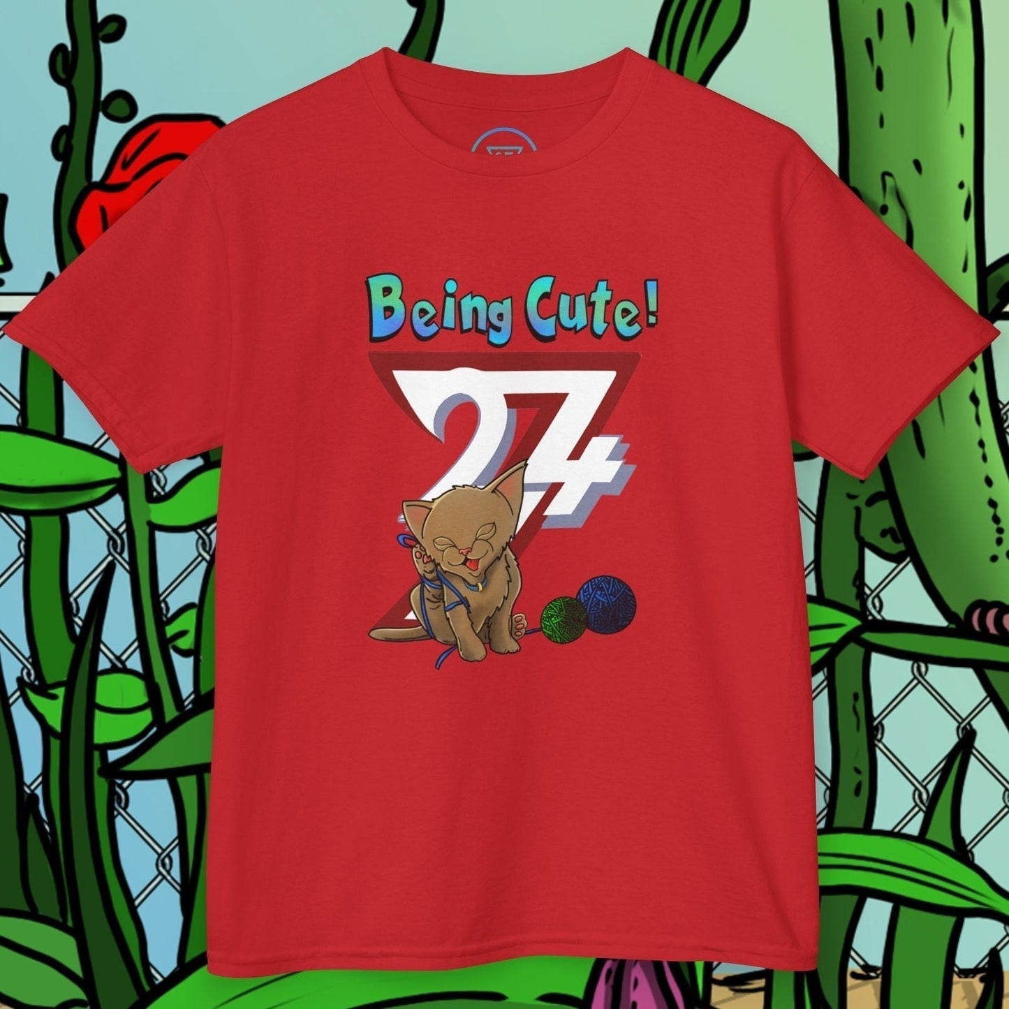 Kids Cute Kitten T-Shirt in Red with the "Cute 24/7" logo graphic.