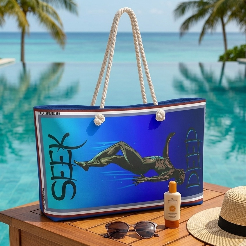 The spacious rope handle beach bag featuring an underwater diving illustration sitting on a poolside wooden table beside a straw hat and sunglasses at a sunny tropical resort.