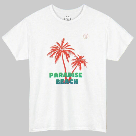 White Retro Palm Tree T-Shirt featuring coral-red hand-drawn palms.