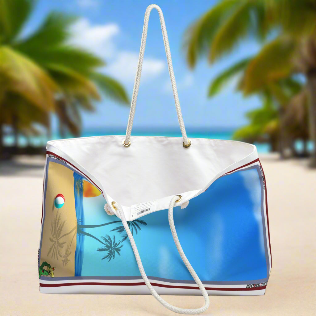 Large Beach Tote sitting on sandy beach ready for a summer vacation.