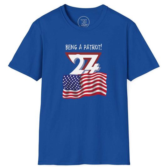 Royal Blue t-shirt with 'Being a Patriot!' graphic and American flag on a white background