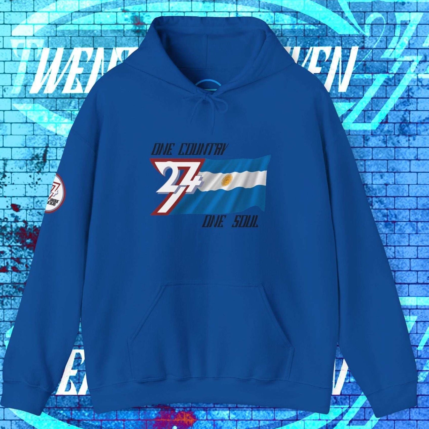 Royal Blue Argentina hoodie featuring a modern, hand-drawn take on the celestial colors.