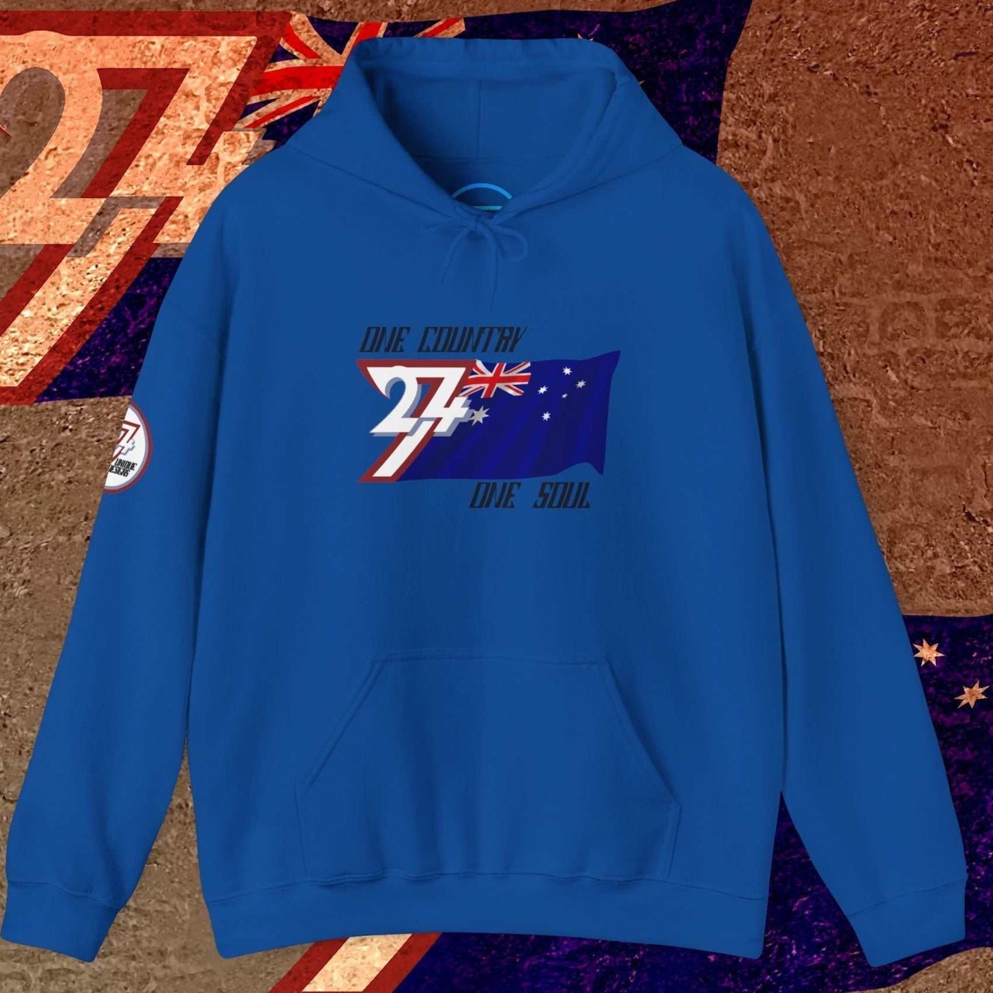 Royal Blue Australia hoodie featuring a modern, hand-drawn take on the national colors.