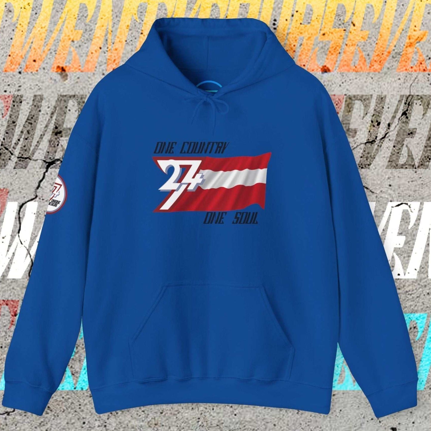 Royal Blue Austria hoodie featuring a modern, hand-drawn take on the national red and white.