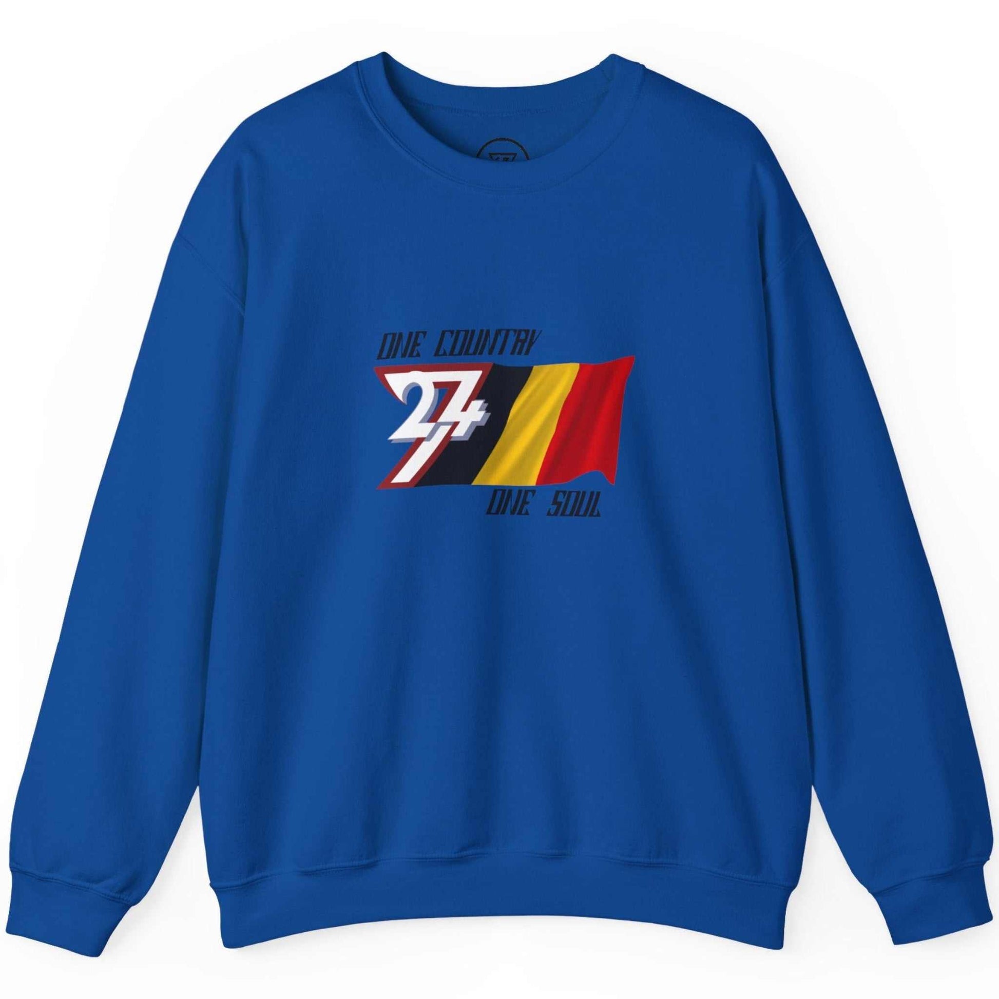 Front view of a royal blue Belgian sports supporter pullover featuring the custom flag logo.